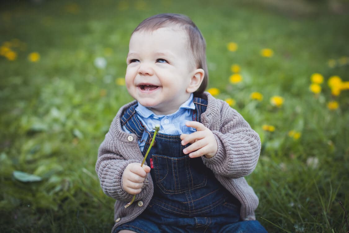 Kleines Kind auf Wiese mit Löwenzahn