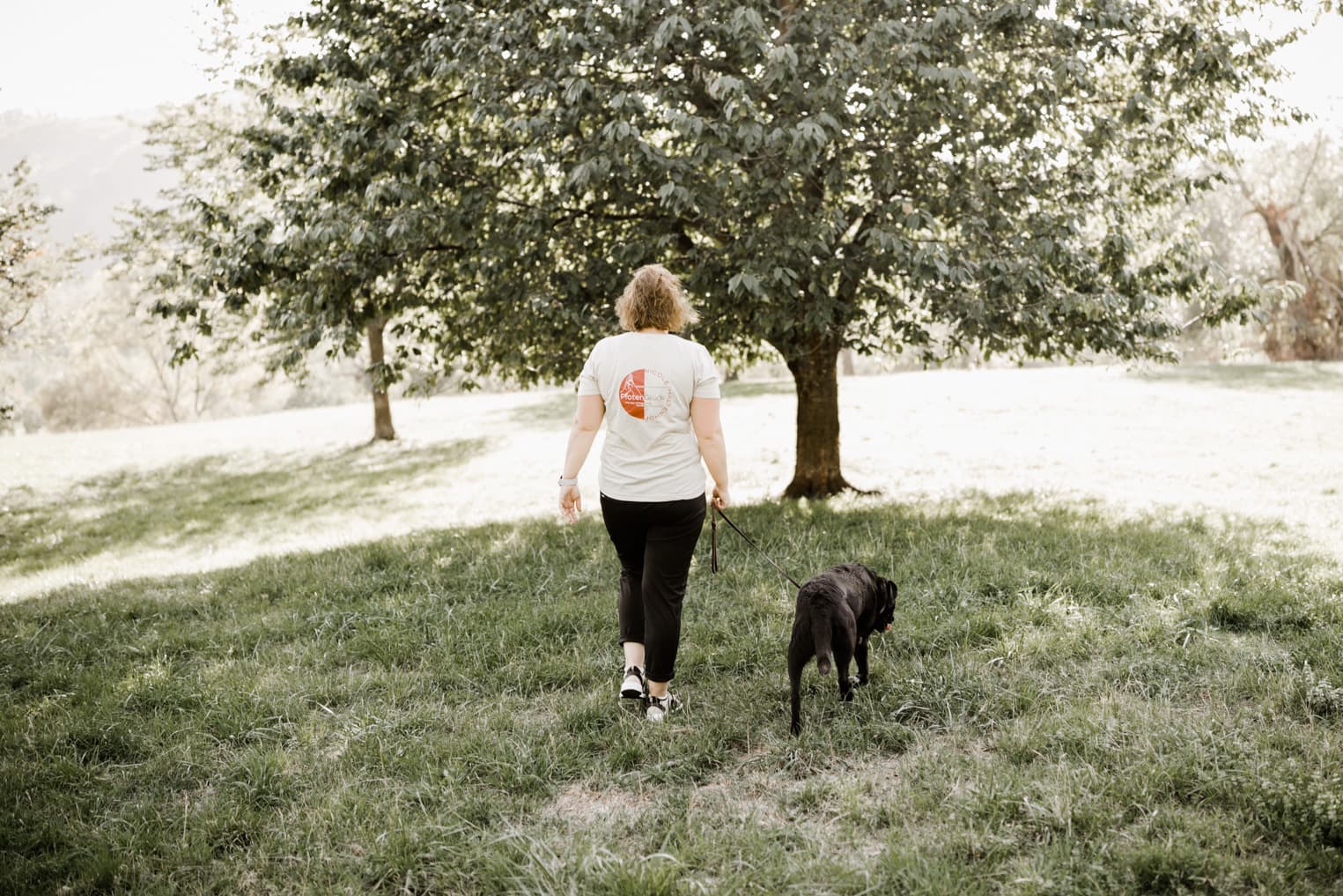Frau und Hund von hinten auf einer Wiese