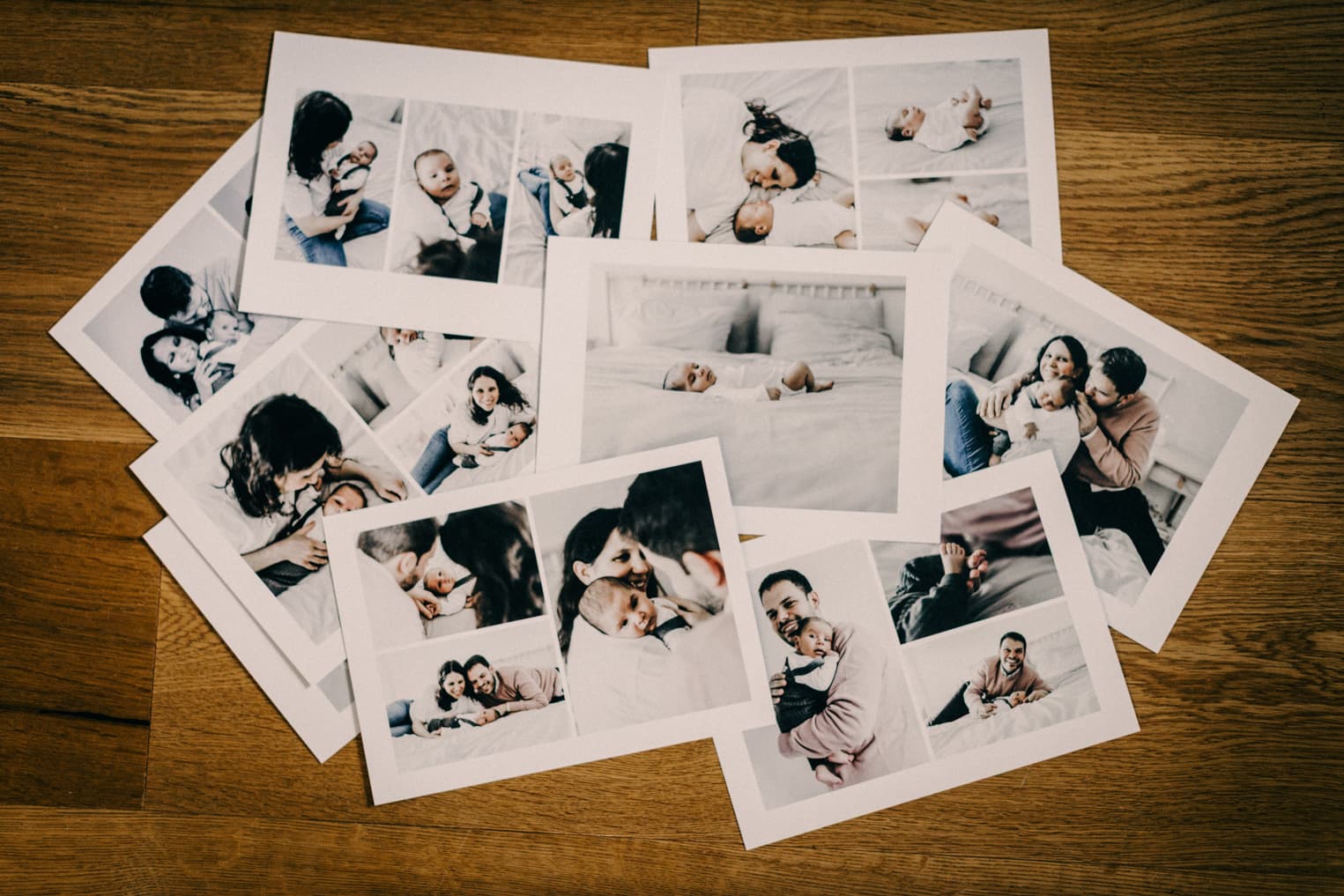 Verschiedene Fotoabzüge aus der Fotobox auf dem Boden verteilt kreative Bildercollage vom Fotoshooting