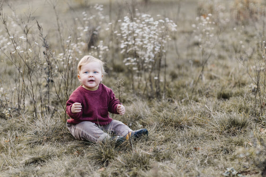 Kleiner Junge mit rotem Strickpullover sitzt auf einer Wiese