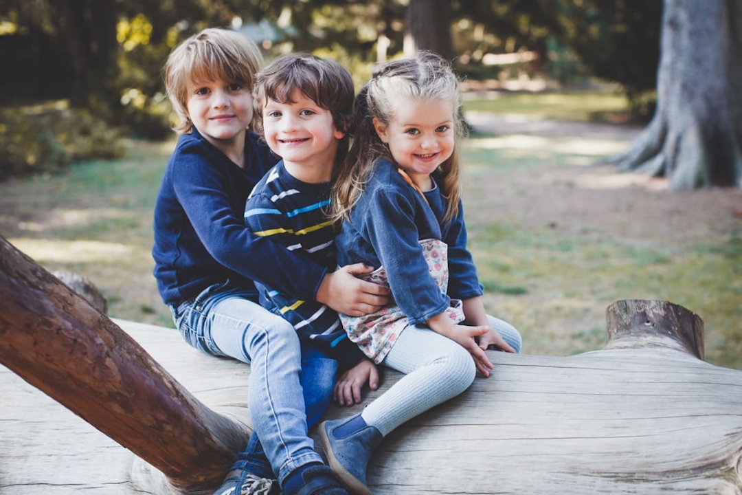 Drei Geschwisterkinder sitzen auf einem Baumstamm