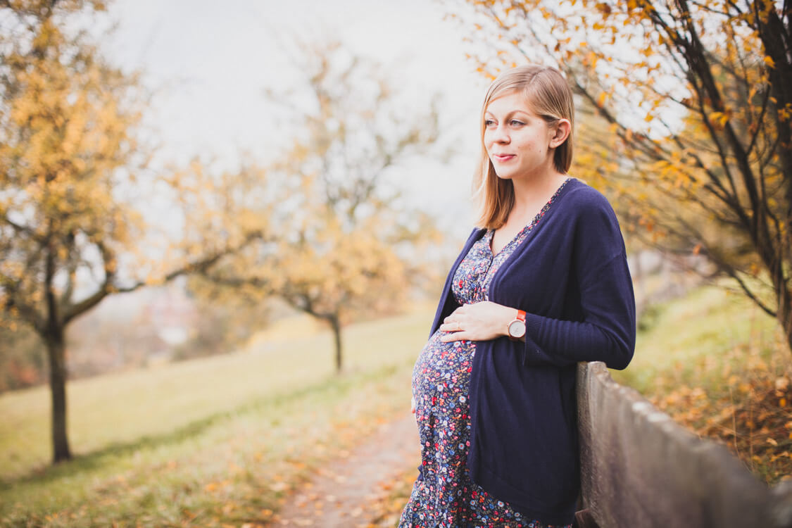 Frau mit Babybauch lehnt an einem Zaun