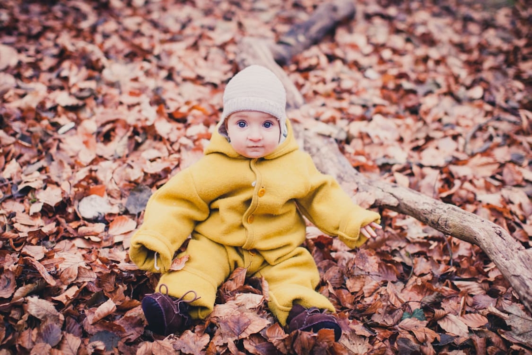 Kleiner Junge sitzt auf dem Boden voller Blätter