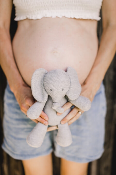 Kuscheltier Elefant vor Frau mit Babybauch